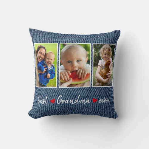 Cute Best Grandma Ever 3 Photo Custom Throw Pillow