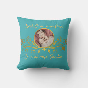 Cute Best Grandma ever photo Black Gold Teal Blue Throw Pillow