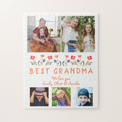 Cute Best Grandma Flowers Floral Family Photo Jigsaw Puzzle