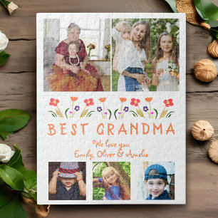 Cute Best Grandma Flowers Floral Family Photo Jigsaw Puzzle