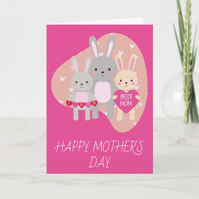 Cute Best Mom Bunny Rabbit Pink Hearts Mothers Day Card (Front)