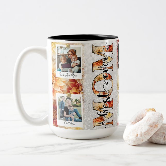 Cute Best Mom Ever Floral Photo Custom Two-Tone Coffee Mug (With Donut)