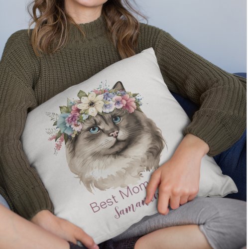 Cute Best Mom Ever Gray Floral Watercolor Cat Throw Pillow