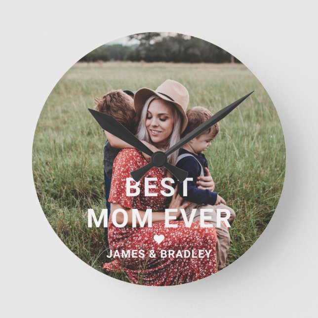 Cute BEST MOM EVER Heart Mother's Day Photo Round Clock (Front)
