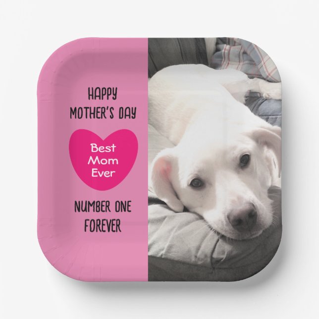 Cute Best Mom Ever Puppy Dog Pink Heart One Photo  Paper Plates (Front)