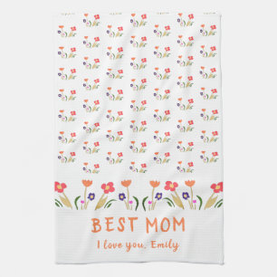 Cute Best Mom Flower Pattern Drawing Mother`s Day  Kitchen Towel
