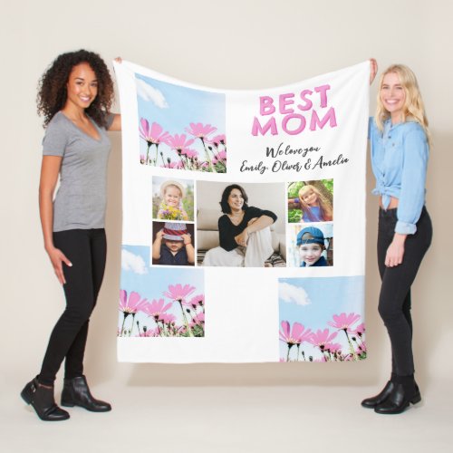 Cute Best Mom Pink Flowers 5 Photo Collage Fleece Blanket