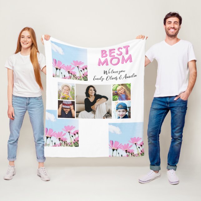 Cute Best Mom Pink Flowers 5 Photo Collage Fleece Blanket (In Situ)