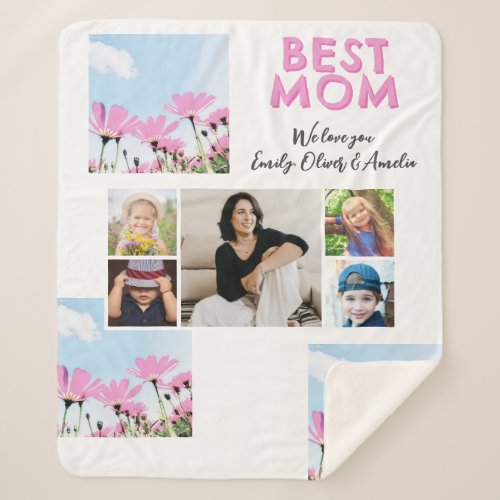 Cute Best Mom Pink Flowers 5 Photo Collage Sherpa Blanket