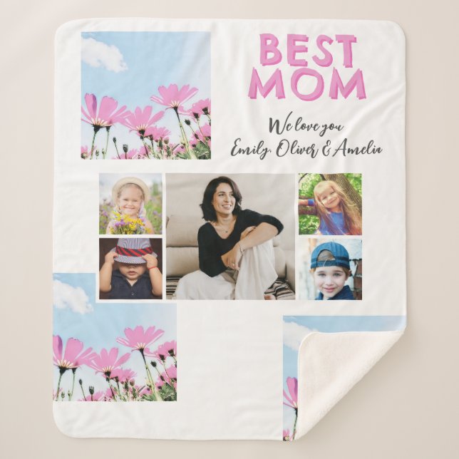 Cute Best Mom Pink Flowers 5 Photo Collage Sherpa Blanket (Front)
