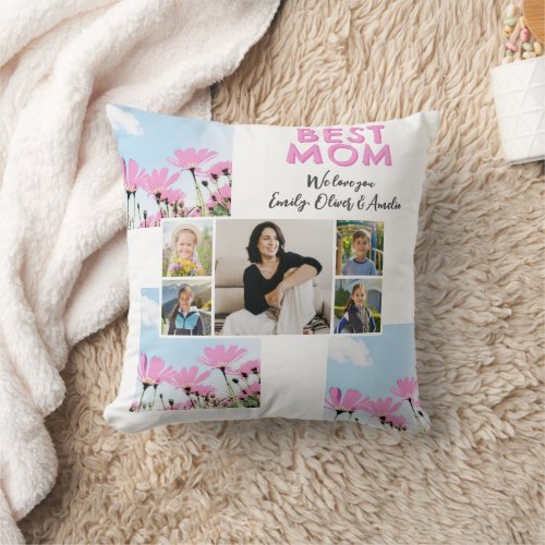 Cute Best Mom Pink Flowers 5 Photo Collage Throw Pillow