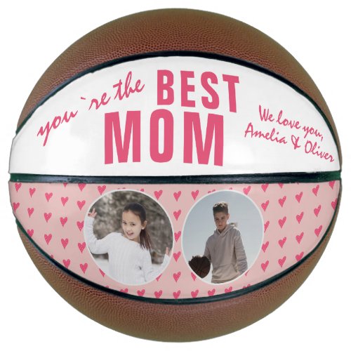 Cute Best Mom Pink Heart 2 Photo Collage Basketball - Cute Best Mom Pink Heart 2 Photo Collage Basketball. A cute design with pink hearts for the best mom. Add 2 photos. Personalize with your names. Great gift idea for a mother and a sweet and keepsake for Mother`s day, birthday or Christmas.