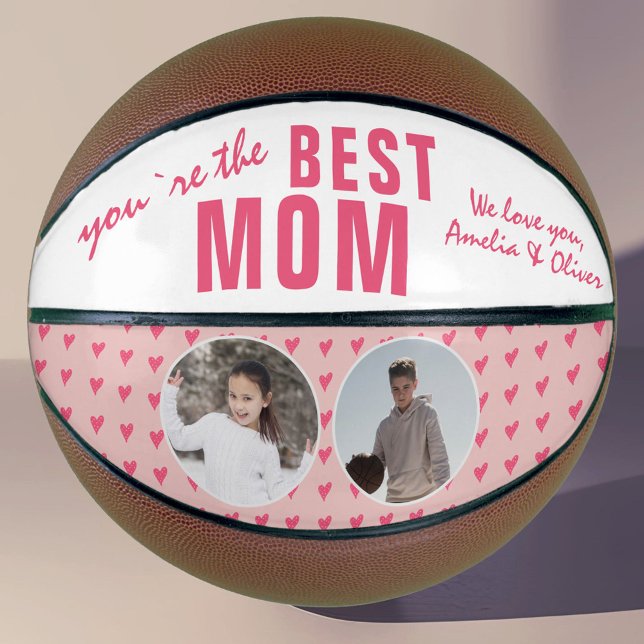 Cute Best Mom Pink Heart 2 Photo Collage Basketball (Creator Uploaded)