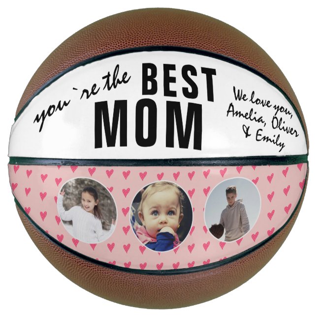 Cute Best Mom Pink Heart 3 Photo Collage Basketball (Front)