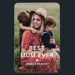 Cute BEST MUM EVER Heart Mother's Day Photo Magnet<br><div class="desc">Cute Best Mum Ever Heart Mother's Day Photo Magnets features your favorite photo with the text "best mum ever" in modern white script with a heart and your names below. Personalize by editing the text in the text box provided and adding your own picture. Designed by ©2022 Evco Studio www.zazzle.com/store/evcostudio...</div>