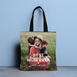 Cute BEST MUM EVER Heart Mother's Day Photo Tote Bag<br><div class="desc">Cute Best Mum Ever Heart Mother's Day Photo Tote Bags features your favorite photo with the text "best mum ever" in modern white script with a heart and your names below. Personalize by editing the text in the text box provided and adding your own picture. Designed by ©2022 Evco Studio...</div>