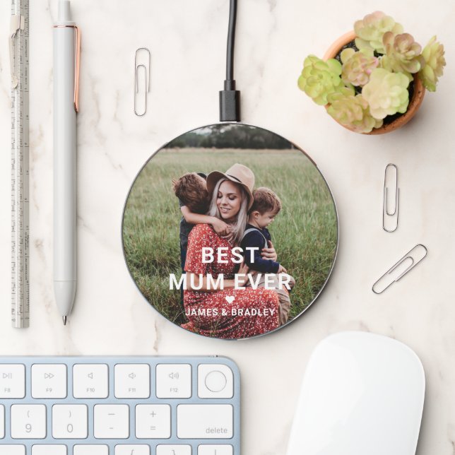 Cute BEST MUM EVER Heart Mother's Day Photo Wireless Charger (Desk)