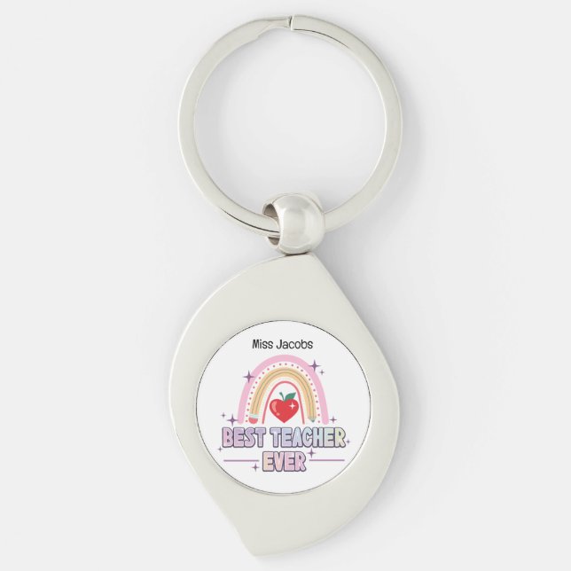 Cute Best Teacher Ever Rainbow Typography  Keychain (Front)
