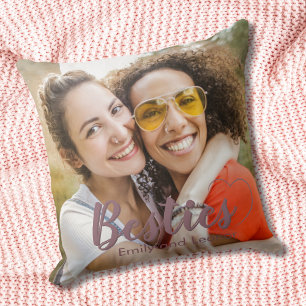 Cute Besties Best Friends Pink Heart and Names Throw Pillow
