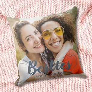 Cute Besties Dusty Blue Heart and Names Throw Pillow
