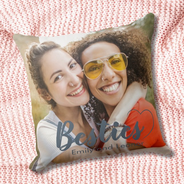 Cute Besties Dusty Blue Heart and Names Throw Pillow (Creator Uploaded)
