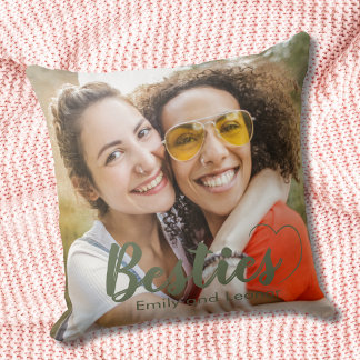 Cute Besties Sage Green Heart and Names Throw Pillow