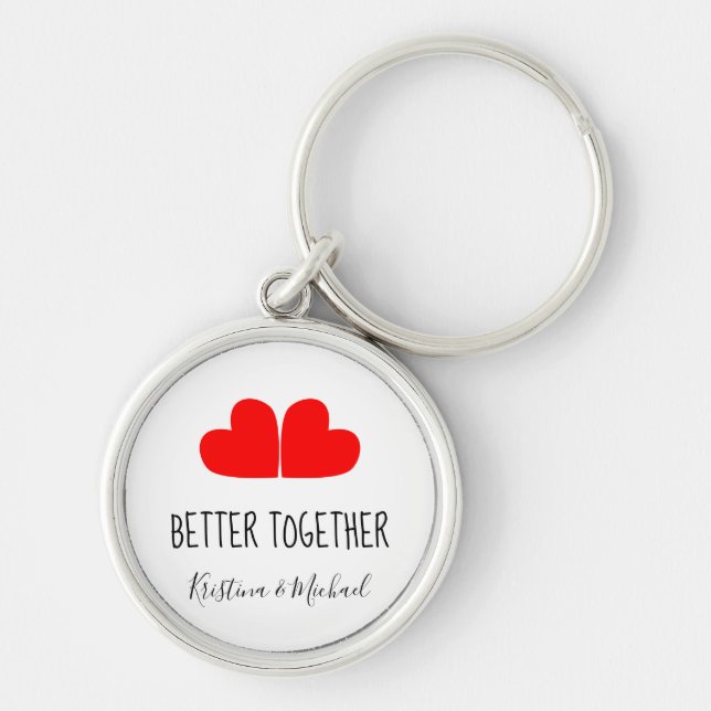 Cute BETTER TOGETHER red hearts with your names Keychain (Front)