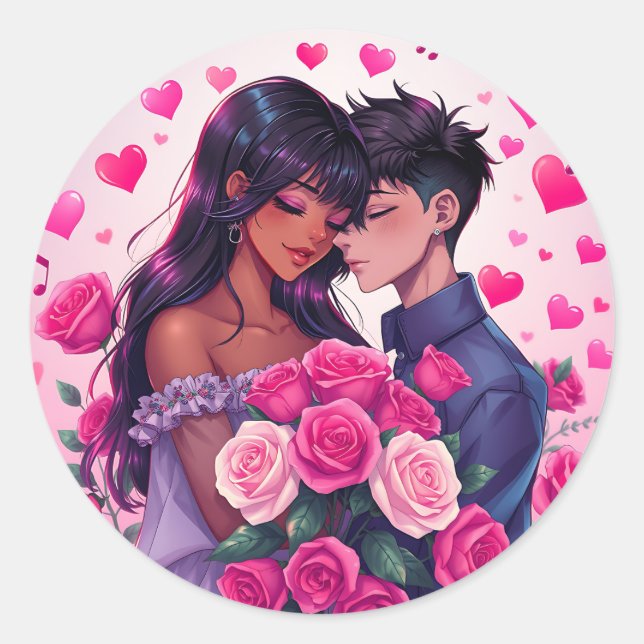 Cute Bi-Racial Anime Valentine's Day Classic Round Sticker (Front)