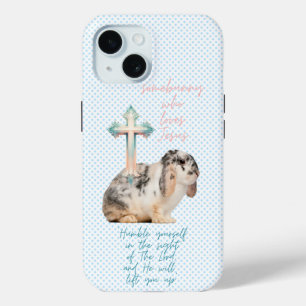 Cute Bible Blue Dot Bunny Pastel Cross iPhone 15 Case