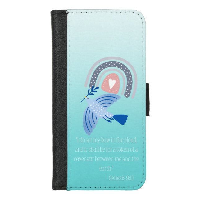Cute Bible Turquoise Folkart Dove Boho Rainbow iPhone Wallet Case (Front)