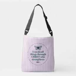 Cute Bible Verse Butterfly Pink and White Stripes Crossbody Bag
