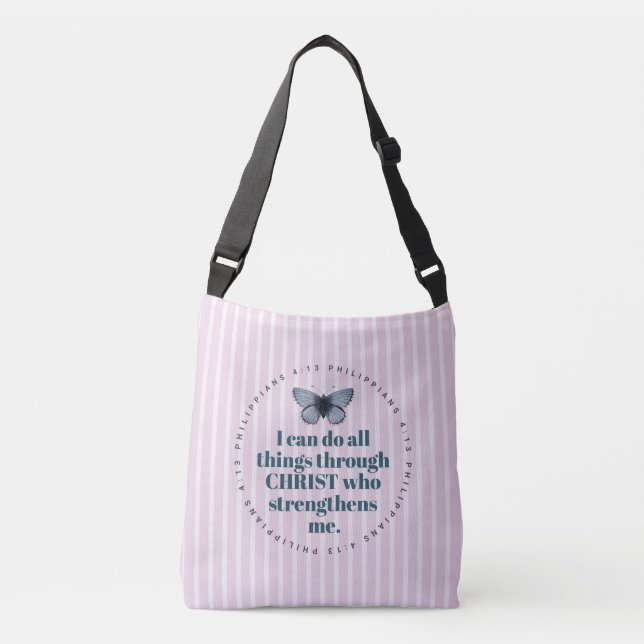 Cute Bible Verse Butterfly Pink and White Stripes Crossbody Bag (Front)