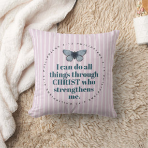 Cute Bible Verse Butterfly Pink and White Stripes Throw Pillow