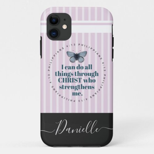 Cute Bible Verse Butterfly Pink Stripes Name iPhone 11 Case