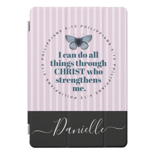 Cute Bible Verse Butterfly Pink Stripes Name iPad Pro Cover