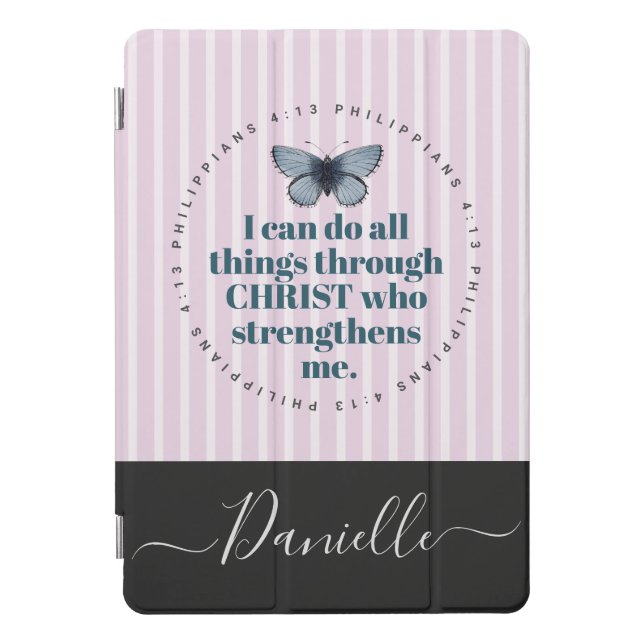 Cute Bible Verse Butterfly Pink Stripes Name iPad Pro Cover (Front)