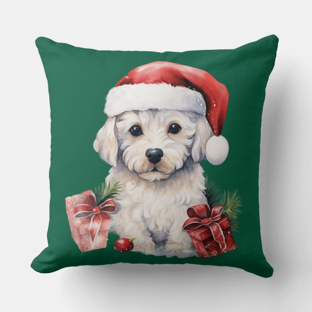 Cute Bichon Frise at Christmas Throw Pillow (Front)
