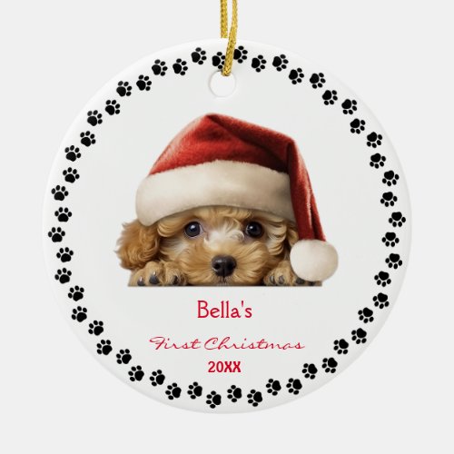 Cute Bichon Frise Dog Santa Hat First Christmas Ceramic Ornament