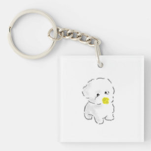 Cute Bichon Frise Dog Wearing Duck Bill Muzzle Keychain