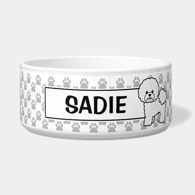 Cute Bichon Frise Dog With Custom Name Bowl (Front)