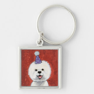 Cute Bichon Frise Party Dog Illustration Keychain