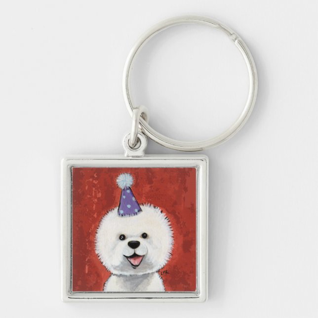 Cute Bichon Frise Party Dog Illustration Keychain (Front)