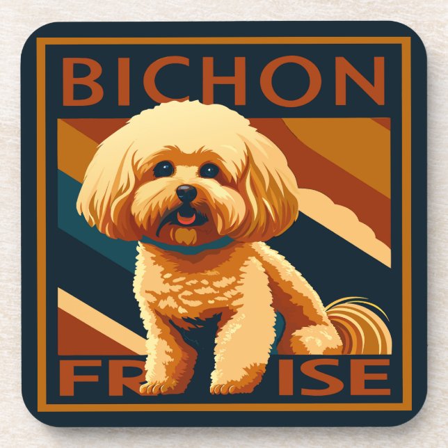 Cute Bichon Frise Puppy Dog Retro Poster Style Beverage Coaster (Front)