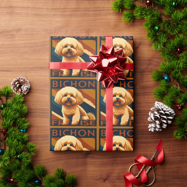 Cute Bichon Frise Puppy Dog Retro Poster Style Wrapping Paper (Holiday Gift)