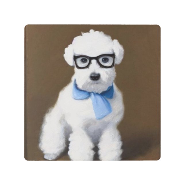 Cute Bichon Frisé Wearing Glasses Metal Print (Front)