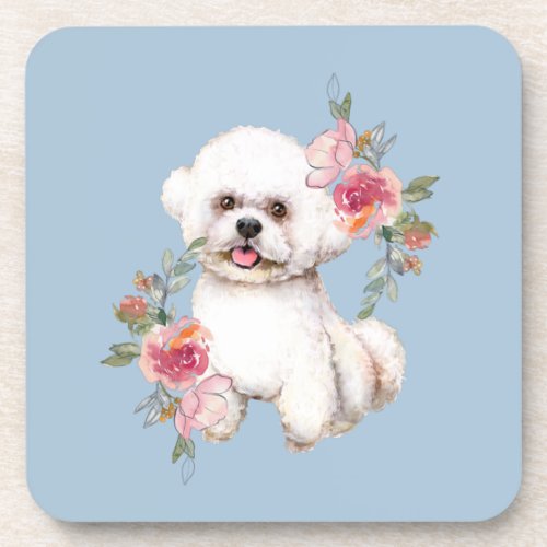 Cute Bichon Frise with Flowers Watercolor Art  Beverage Coaster
