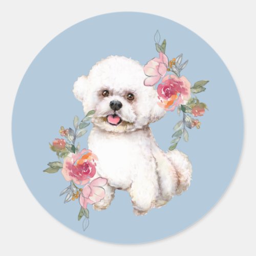 Cute Bichon Frise with Flowers Watercolor Art Classic Round Sticker