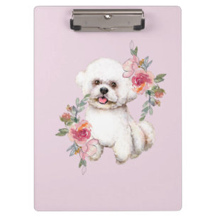 Cute Bichon Frise with Flowers Watercolor Art Clipboard