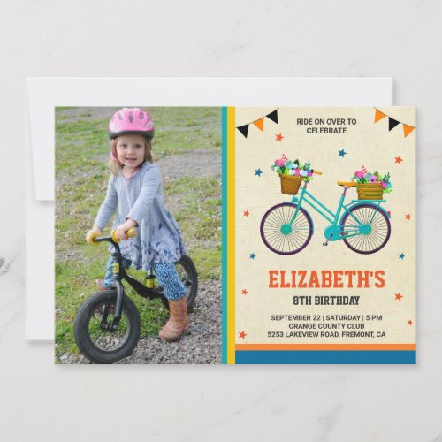 Cute Bicycle Kids Photo Birthday Party Invitation