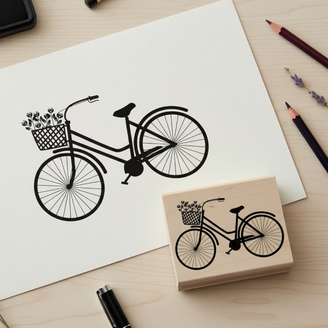 Cute Bicycle with Flowers Wooden Art Stamp (Cute bicycle with flowers wooden art stamp.)